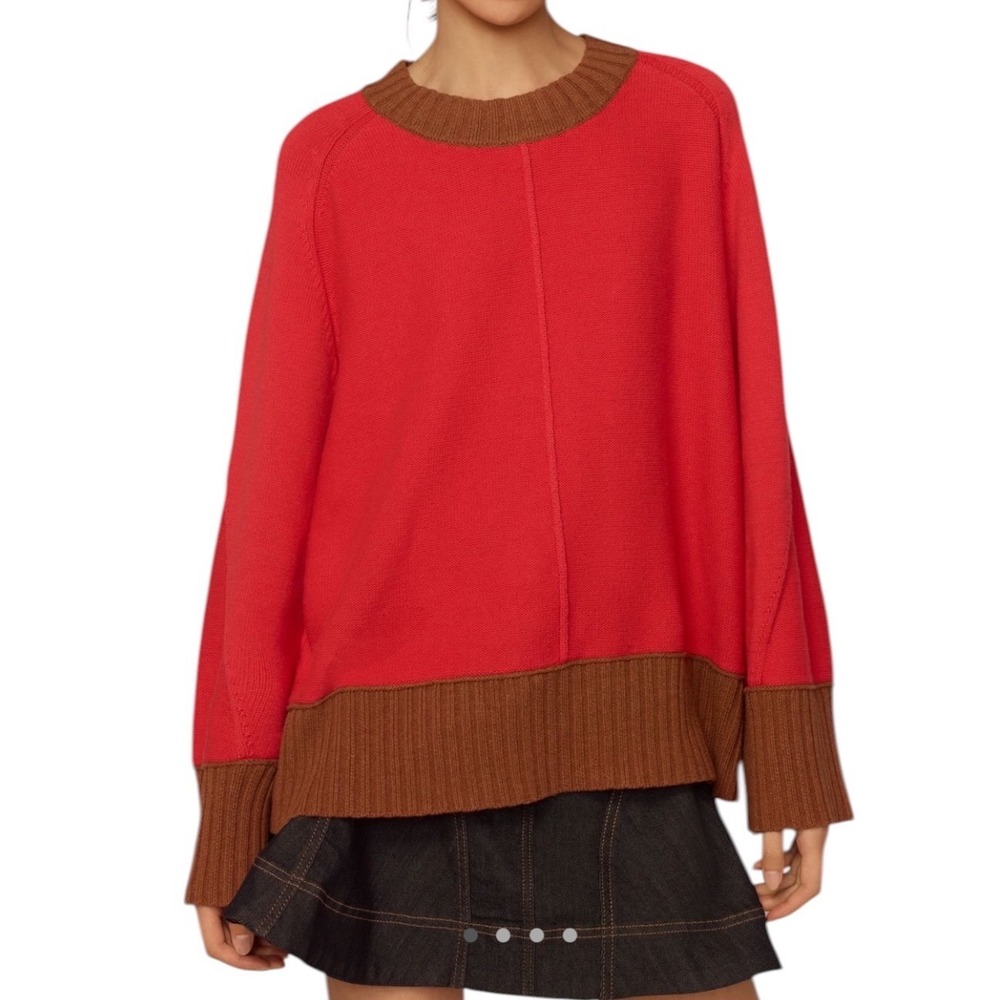 Anthropologie Maeve Chandler CrewNeck Pullover Red Brown Colorblock Oversized S